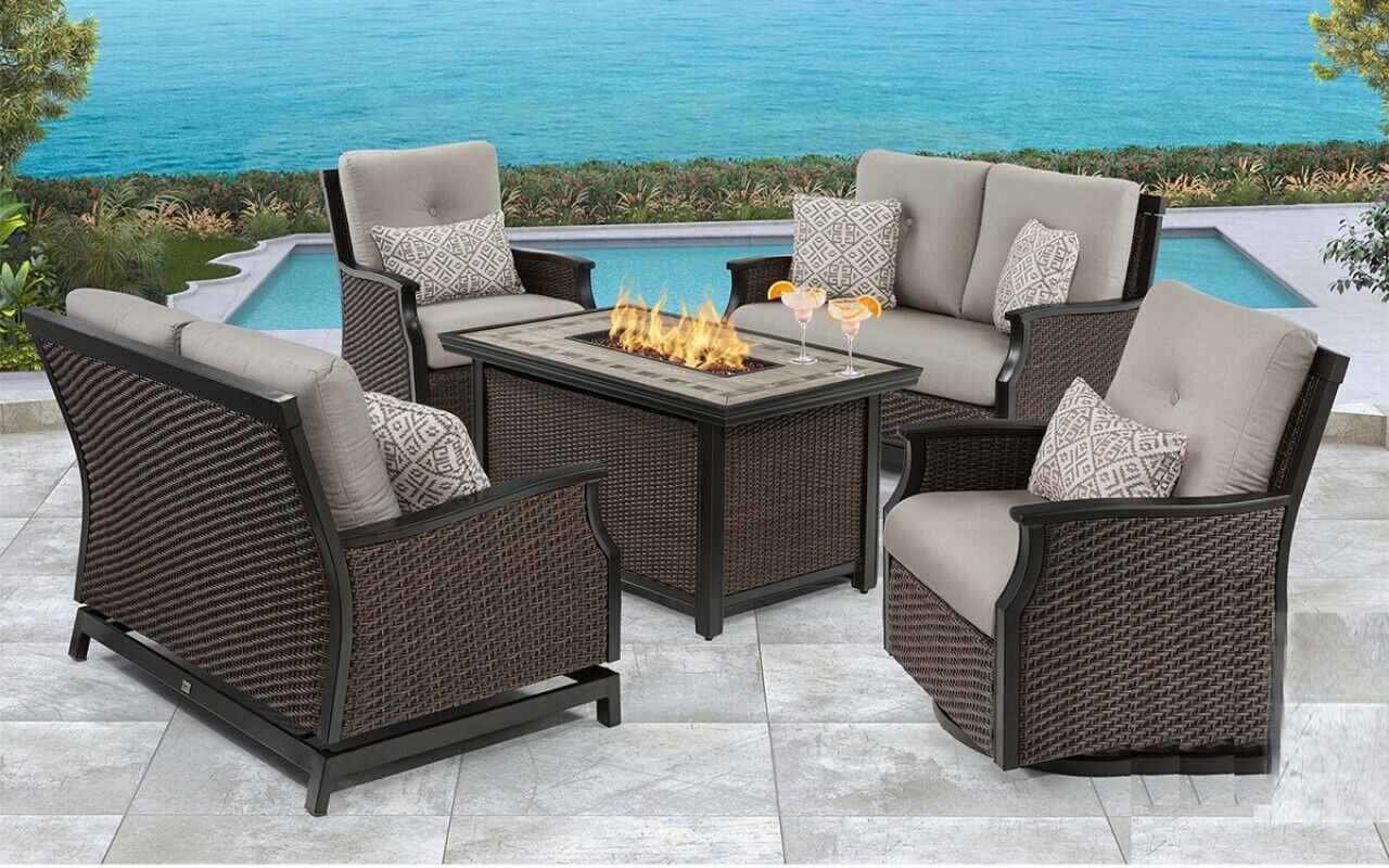 Agio Conway 5 piece Woven Seating Set with Fire Fireplace + Cover