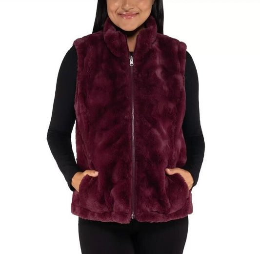 Nicole Miller Women's Faux Fur Reversible Vest in Wine, Burgundy XL New