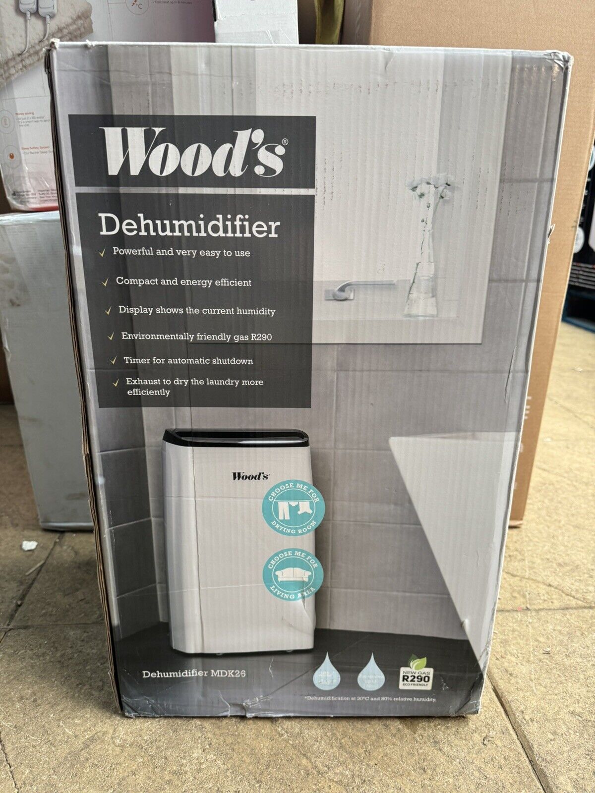 Wood's 25L Dehumidifier in White, MDK26 + Free Delivery VAT Cracked On Top