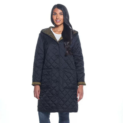 Weatherproof Ladies Reversible Quilted Long Jacket in Black / Loden  size S