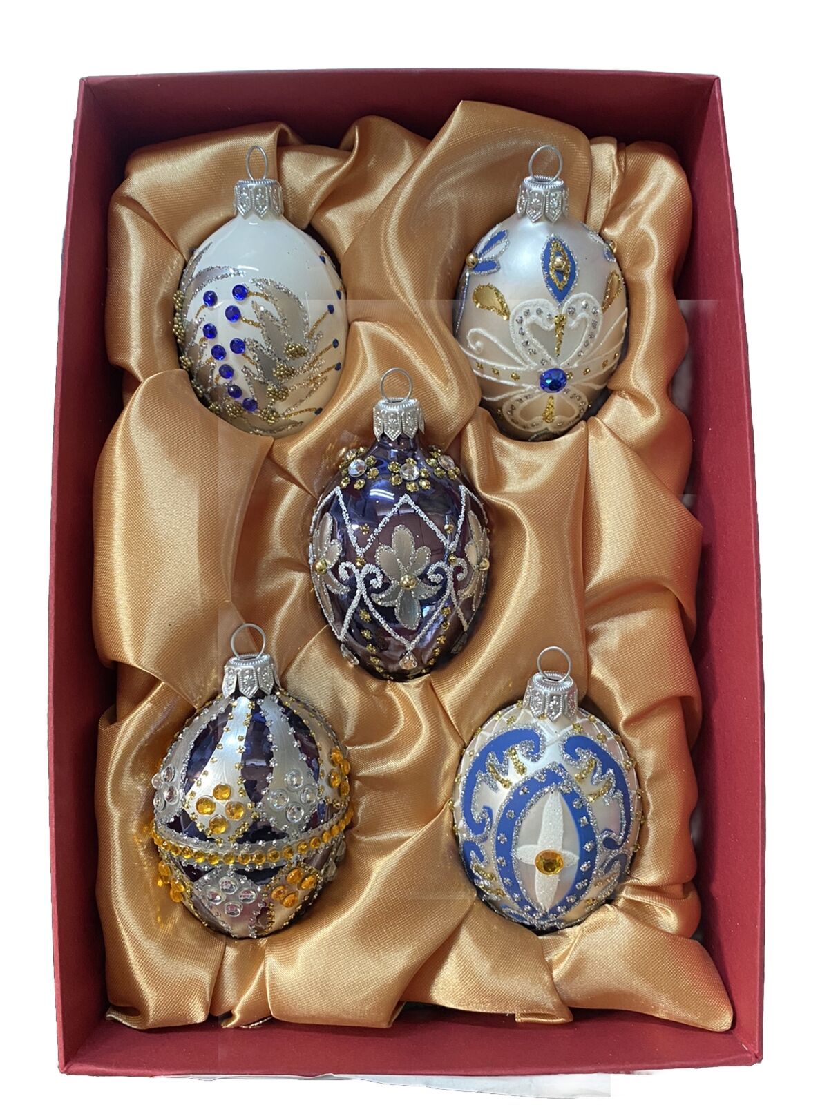 2.7 Inch (5cm) Faberge Egg Style Christmas Ornaments, Set of 5 in Blue silver