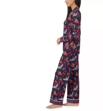 Room Service Ladies Notch Collar PJ Set, 2 Piece in Purple Crane- Size M