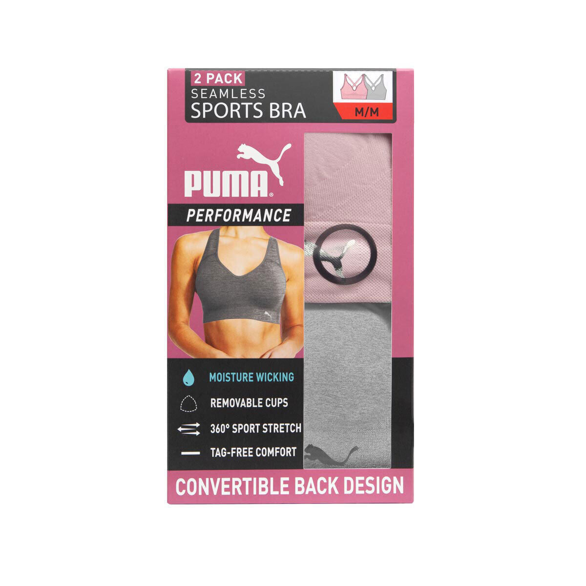 Puma Seamless Sports Bra Pink/Black - 2 Pack, Size S, M