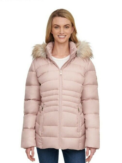 Andrew Marc Women's Down Jacket with Faux Fur Trim Hood in Dusk Rose, LARGE