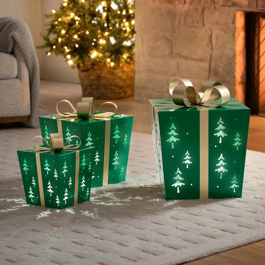 Green Metal Gift Boxes with LED Lights – Set of 3