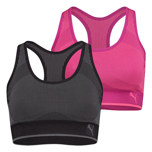 Puma Seamless Sports Bra Pink/Black - 2 Pack, Size S L