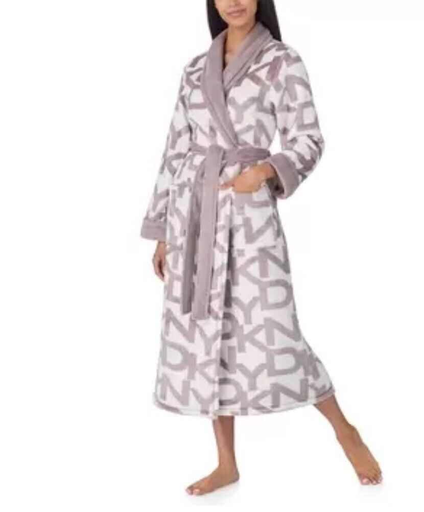 DKNY Shawl Collar Long Plush Robe in Mauve- Size L