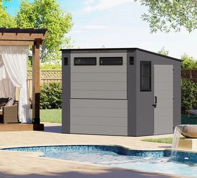 Suncast Cabana Bar Table Entertainment Garden Shed 8”x7' Storage Grey NEW
