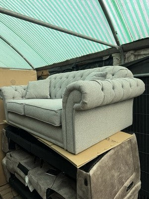 Bordeaux Button Back Grey Fabric 2 Seater Sofa Wood Legs Brand New