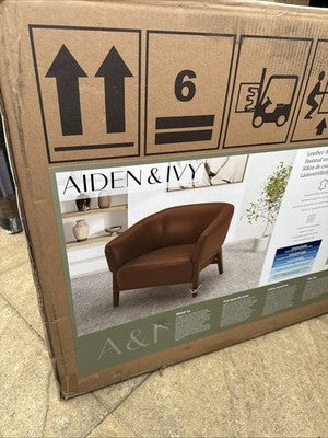Aiden & Ivy Brown Leather Barrel Armchair Livingroom furniture Solid Wood Legs