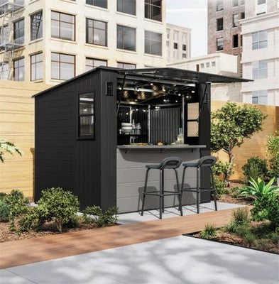Suncast Cabana Bar Table Entertainment Garden Shed 8”x7' Storage Grey NEW