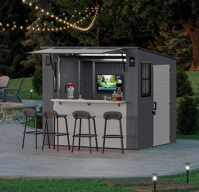 Suncast Cabana Bar Table Entertainment Garden Shed 8”x7' Storage Grey NEW