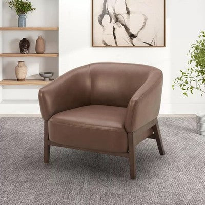 Aiden & Ivy Brown Leather Barrel Armchair Livingroom furniture Solid Wood Legs