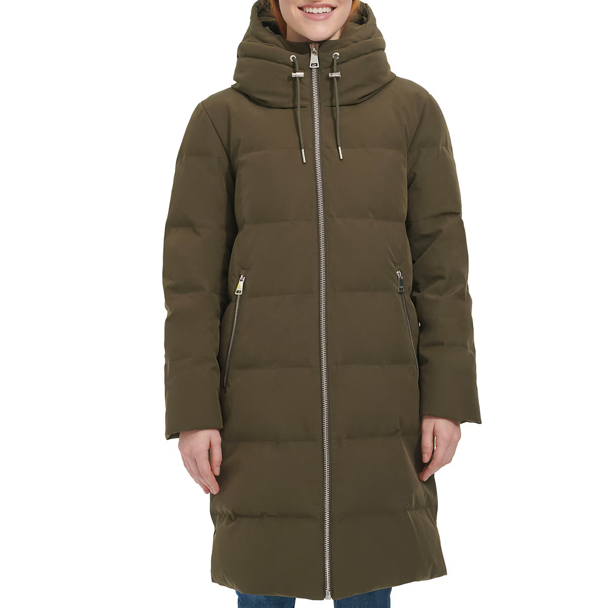 DKNY Ladies Long Down Coat with Hood in Green