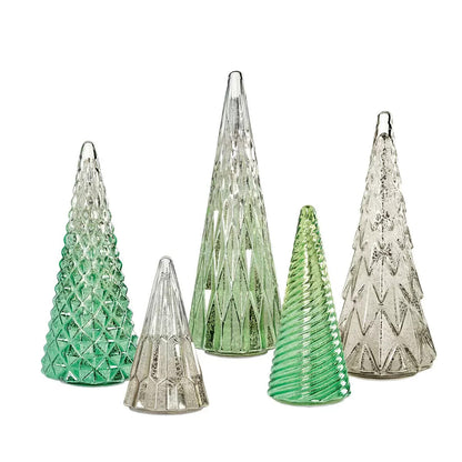 COSTCO Christmas Set of 5 Glass Trees with LED Lights in Green