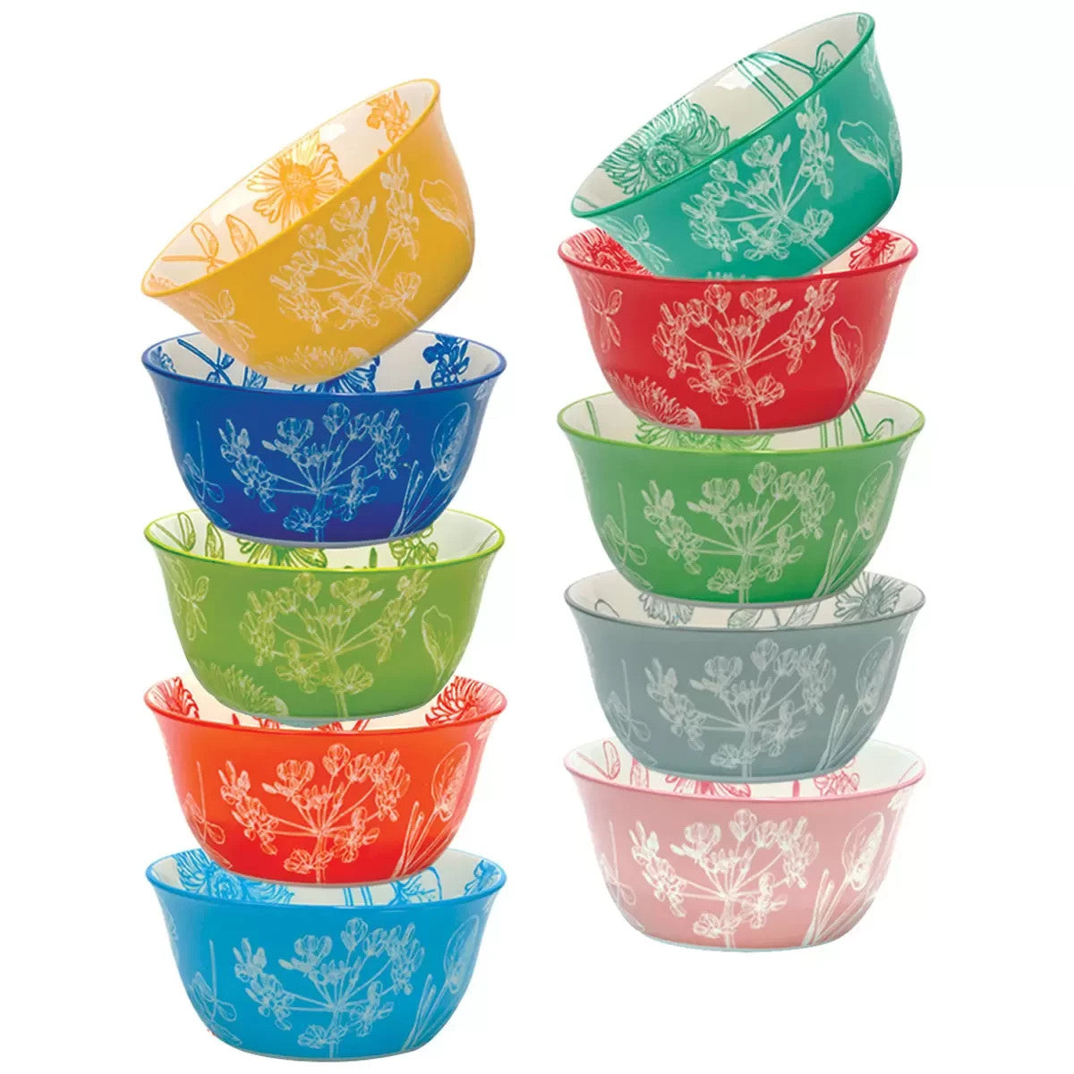 Botanical Stoneware Bowls, 10 Piece Set