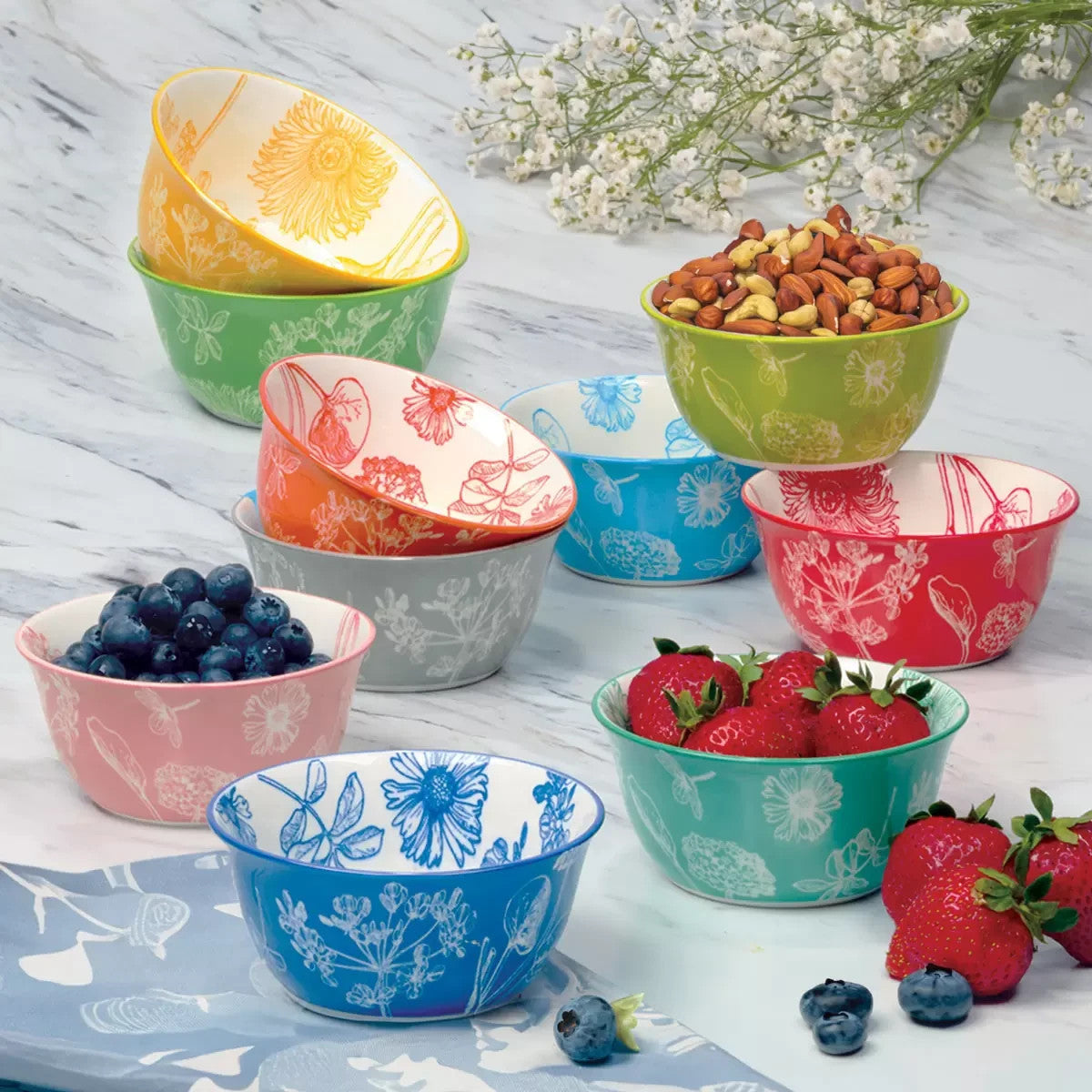 Botanical Stoneware Bowls, 10 Piece Set