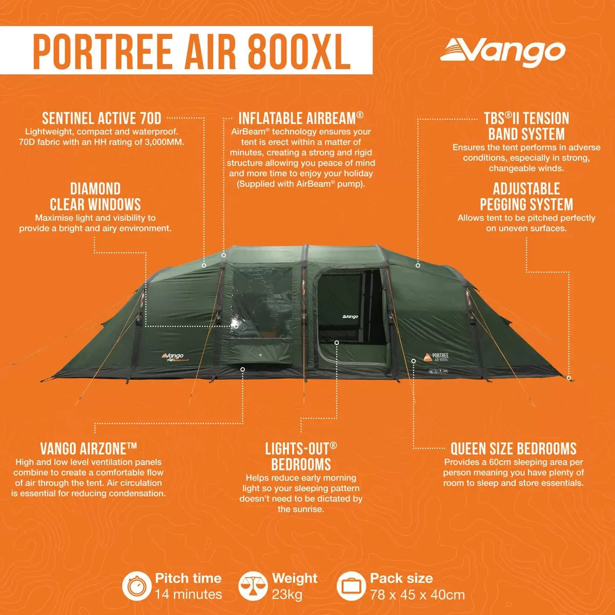 Vango 8 Person Inflatable Tent Portree Air 800XL 2 Bedroom. waterproof