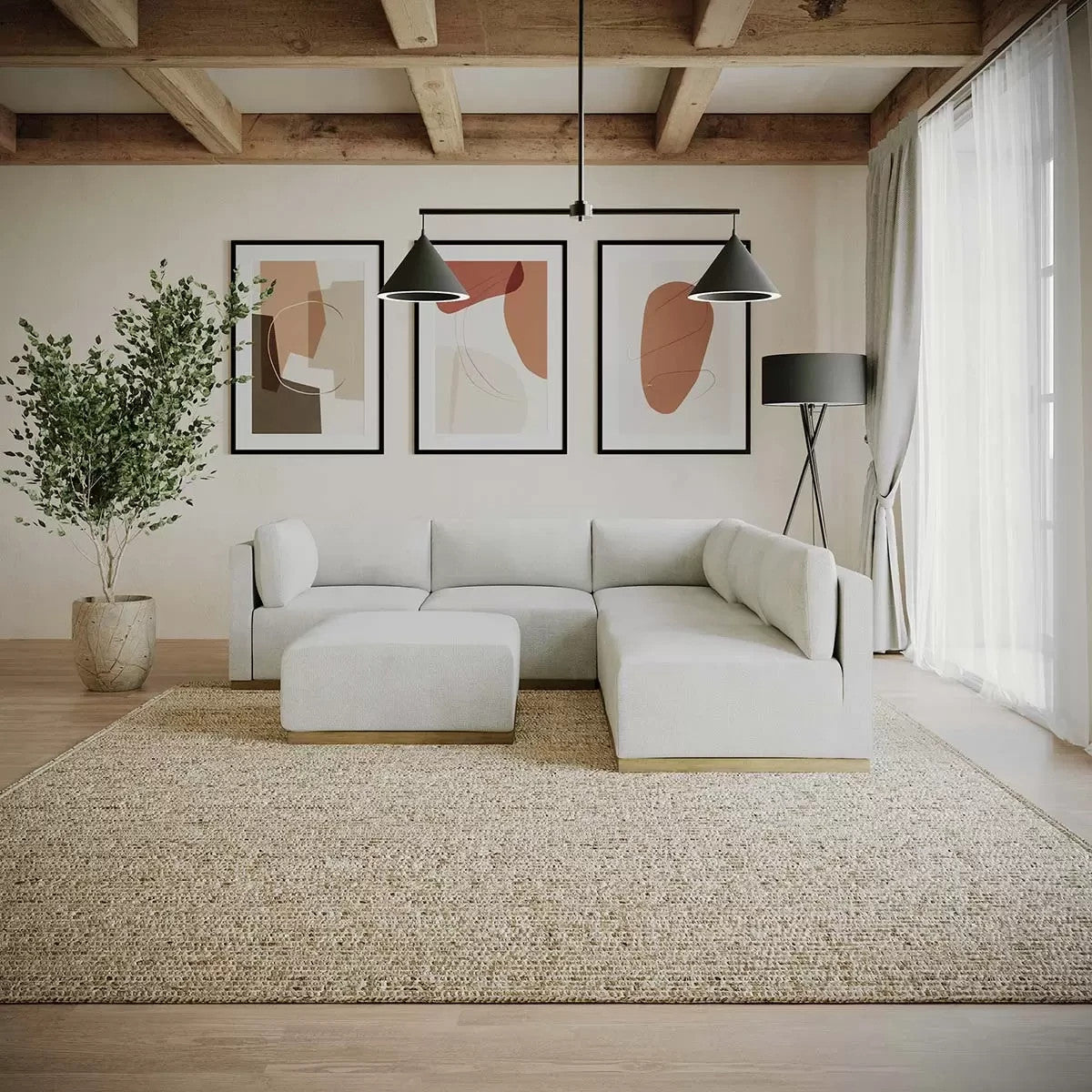 Henredon Murphy Cream 6 Piece Modular Fabric Sofa Corner Ottoman