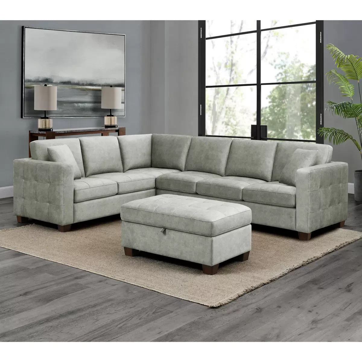 Thomasville Kylie Grey Fabric Sectional Sofa with Storage Ottoman Brand New