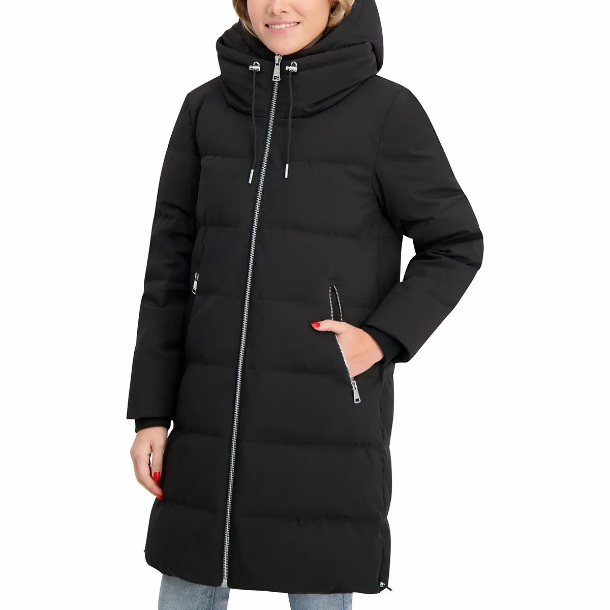 DKNY Ladies Long Down Coat with Hood in Black  Small