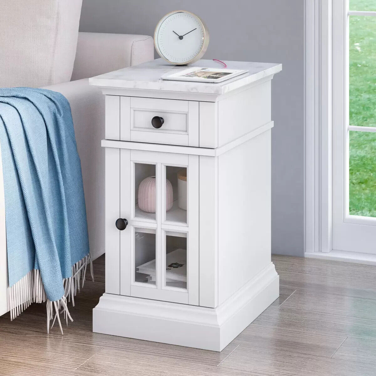 Tresanti Kerrigan Marble Top Chairside Table Side Table Cabinet in White