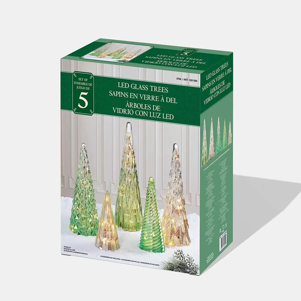 COSTCO Christmas Set of 5 Glass Trees with LED Lights in Green