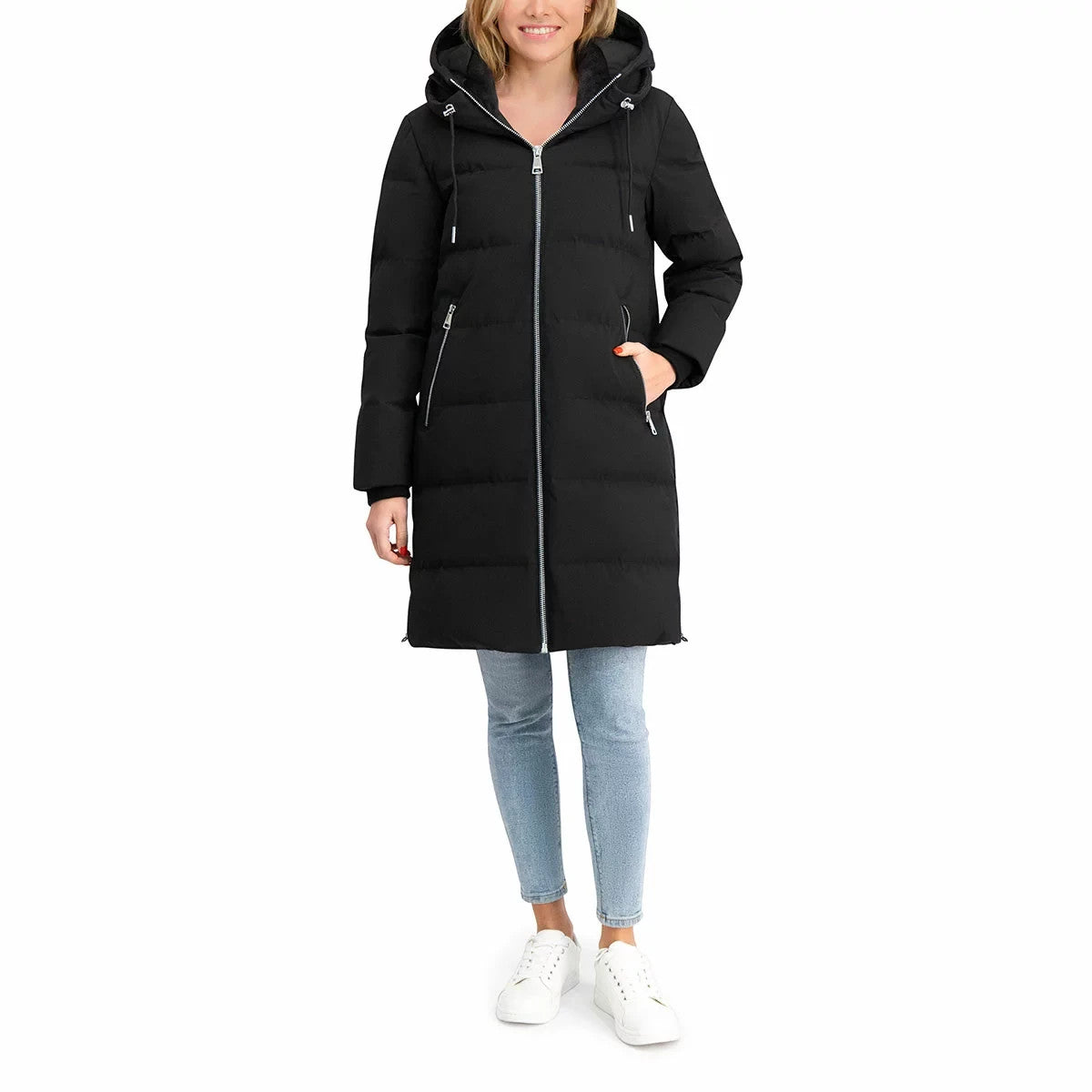 DKNY Ladies Long Down Coat with Hood in Black  Small