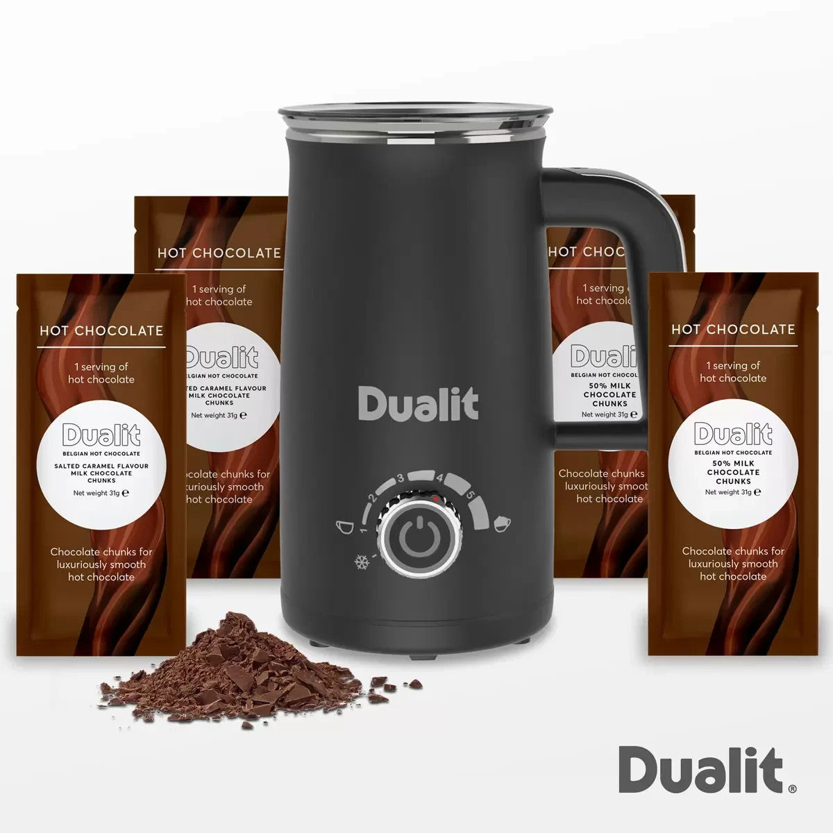 Dualit Milk Frother & Hot Chocolate Maker Max with 4 x Belgian Chocolate Sachets