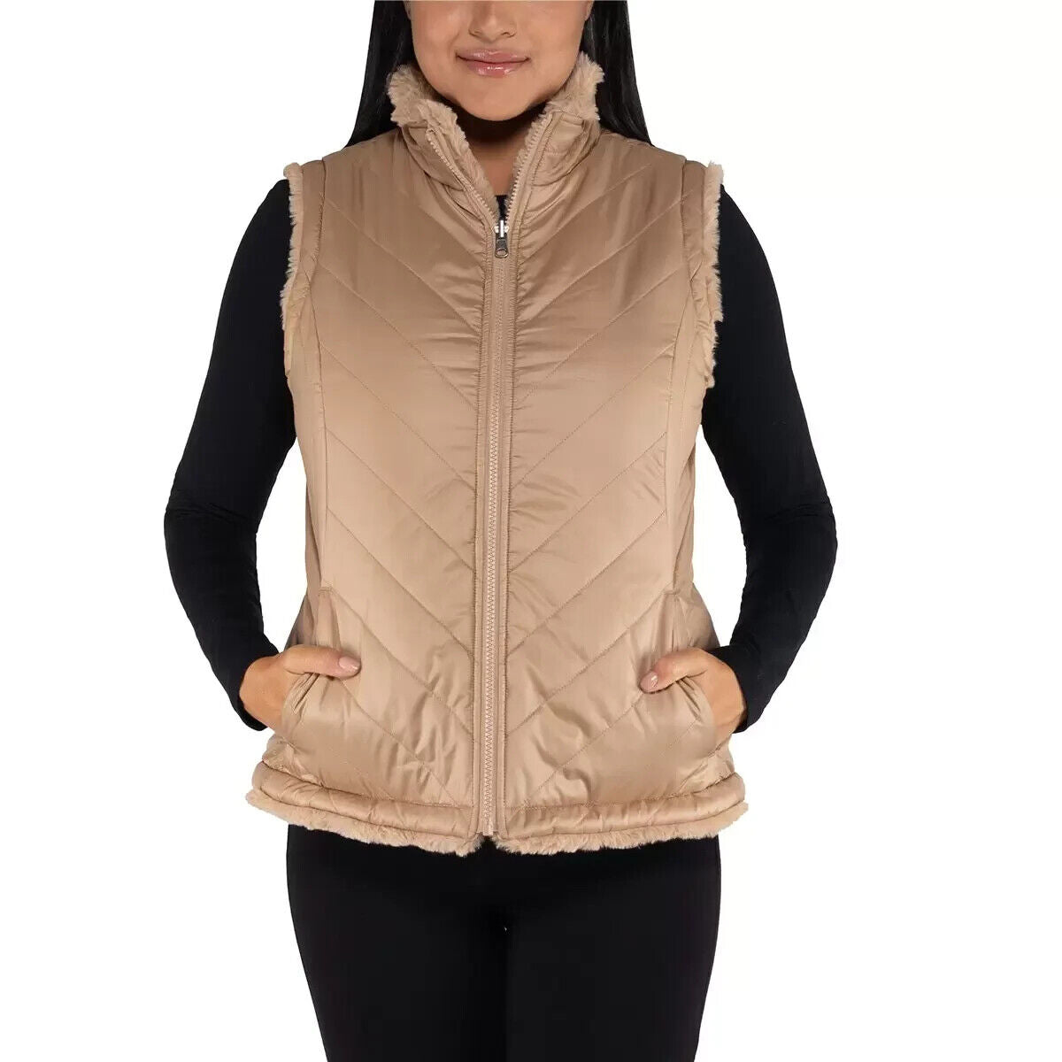 Nicole Miller Women's Faux Fur Reversible Vest in Camel, Large