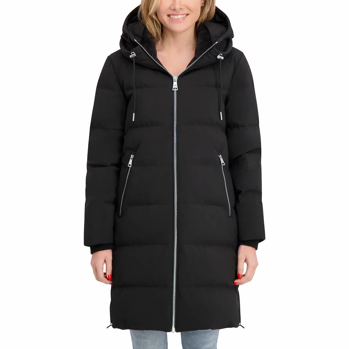 DKNY Ladies Long Down Coat with Hood in Black  Small
