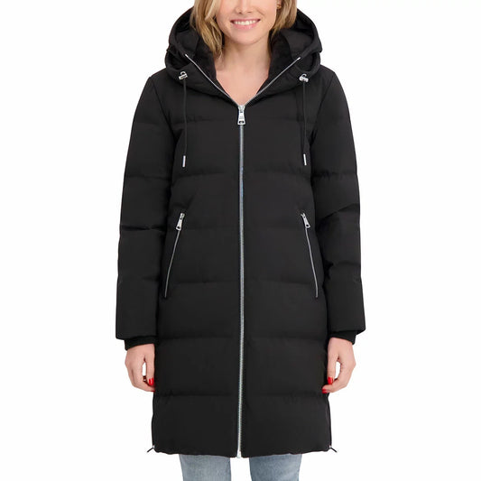 DKNY Ladies Long Down Coat with Hood in Black  Small