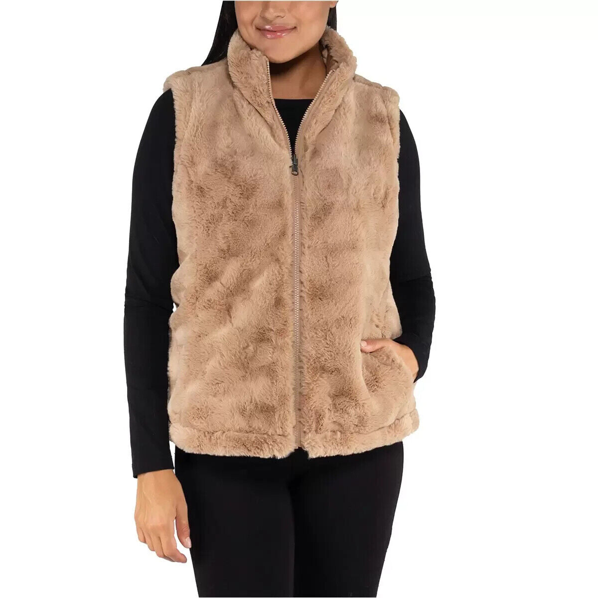 Nicole Miller Women's Faux Fur Reversible Vest in Camel, Large