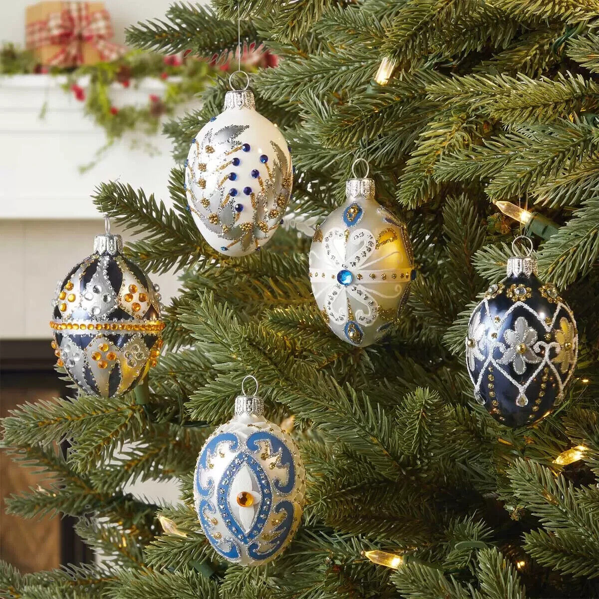 2.7 Inch (5cm) Faberge Egg Style Christmas Ornaments, Set of 5 in Blue silver