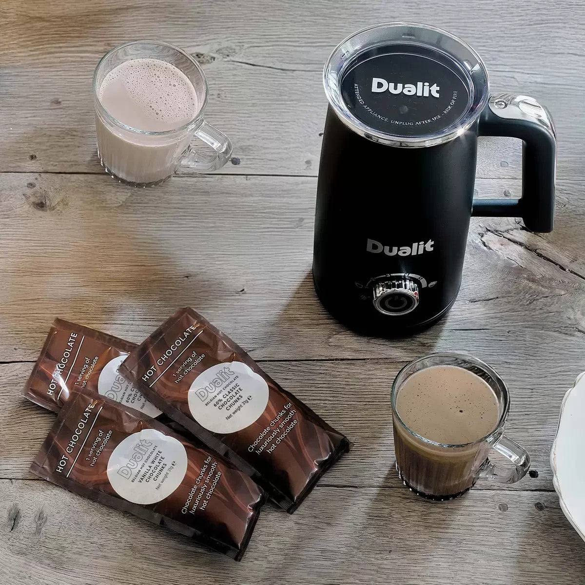 Dualit Milk Frother & Hot Chocolate Maker Max with 4 x Belgian Chocolate Sachets