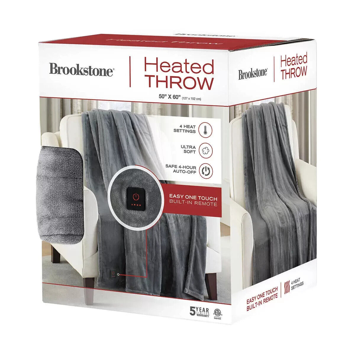 Brookstone Heated Throw Fleece Super Soft Blanket Throw 127 x 152 cm, Grey