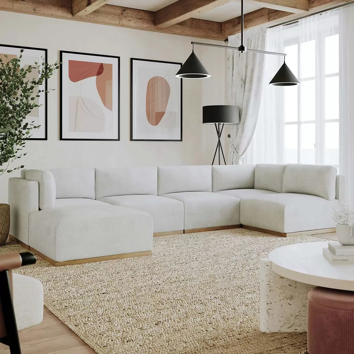 Henredon Murphy Cream 6 Piece Modular Fabric Sofa Corner Ottoman