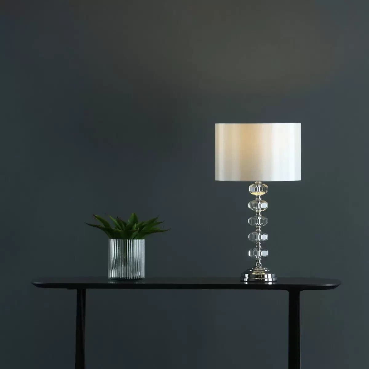 Oleana Polished Chrome Glass Crystal Table Lamp with Ivory Shade