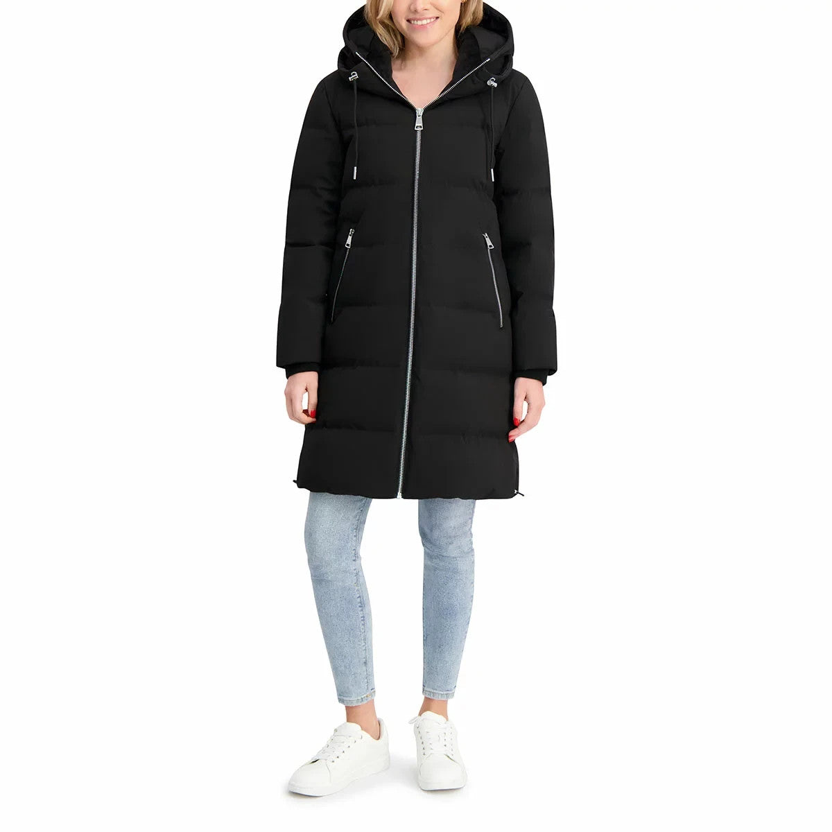 DKNY Ladies Long Down Coat with Hood in Black  Small