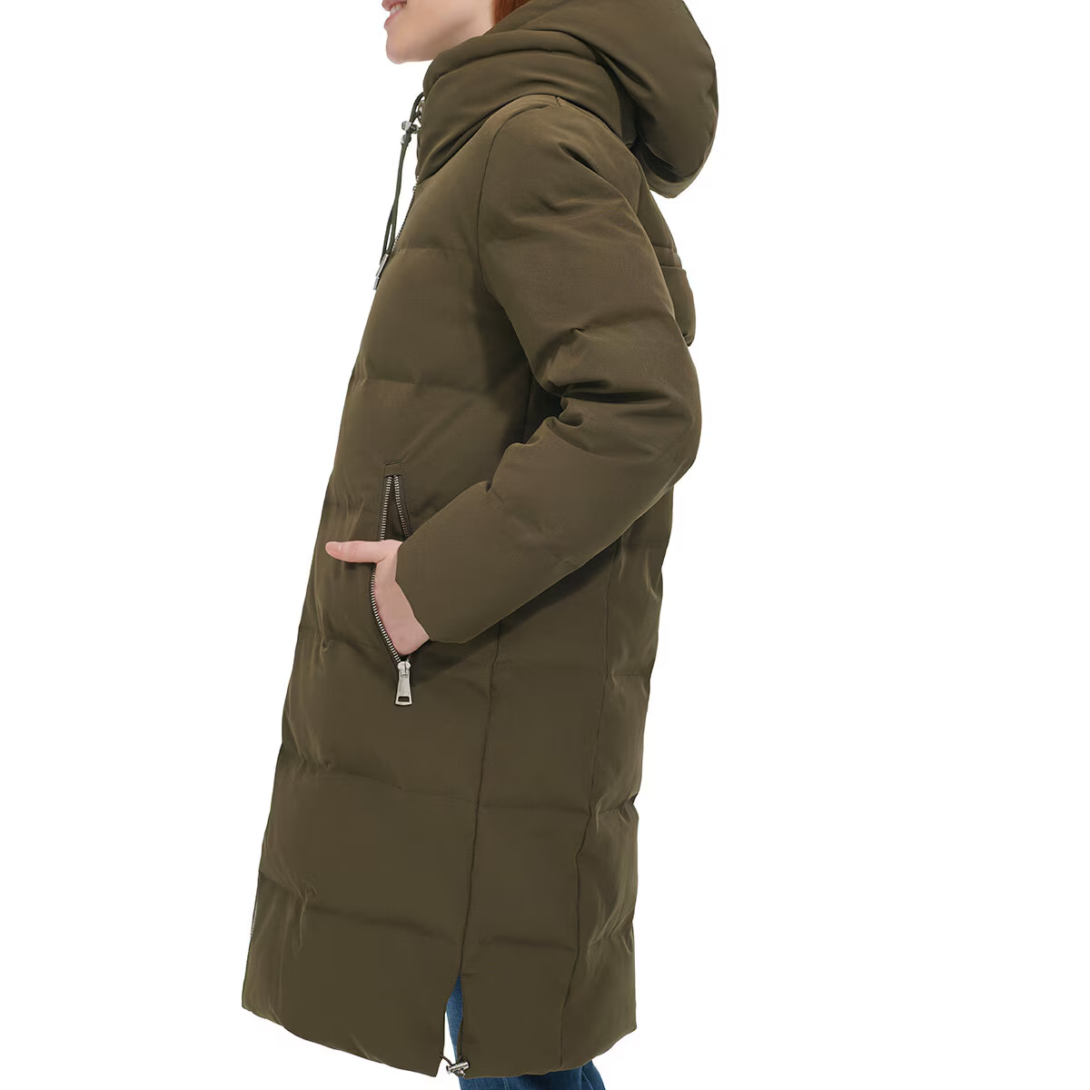 DKNY Ladies Long Down Coat with Hood in Green