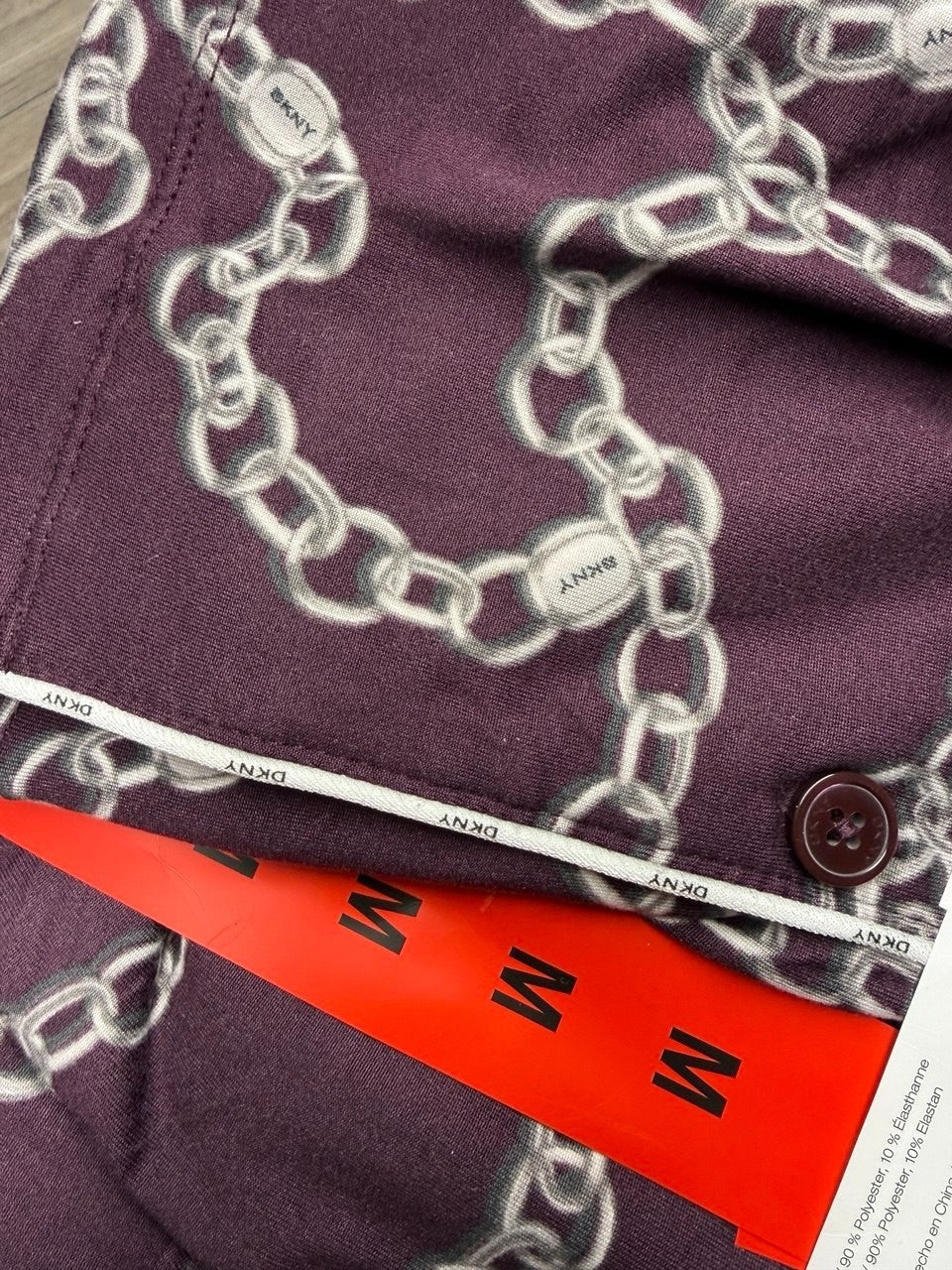 DKNY Women's Notch Collar Pyjama Set in Burgundy , Chain link design, Medium