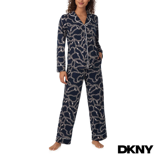 DKNY Women's Notch Collar Pyjama Set in Navy , Chain link design, Large