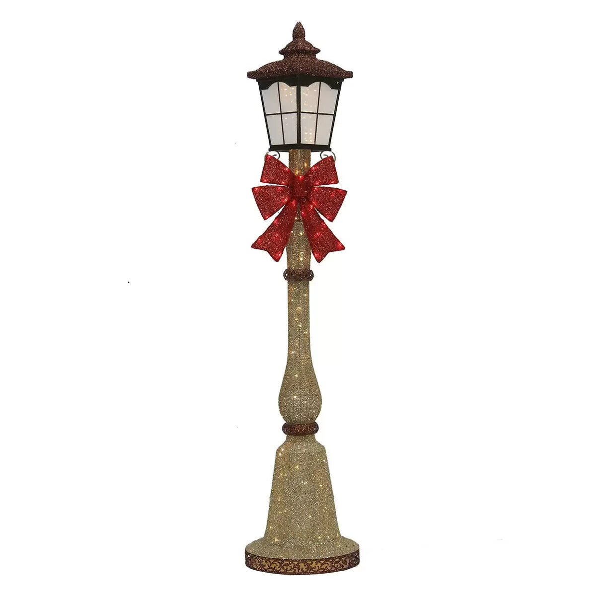 Christmas 7ft (2.1m) Gold Glitter Lamp Post & Bow  Indoor Outdoor 150 LED Lights