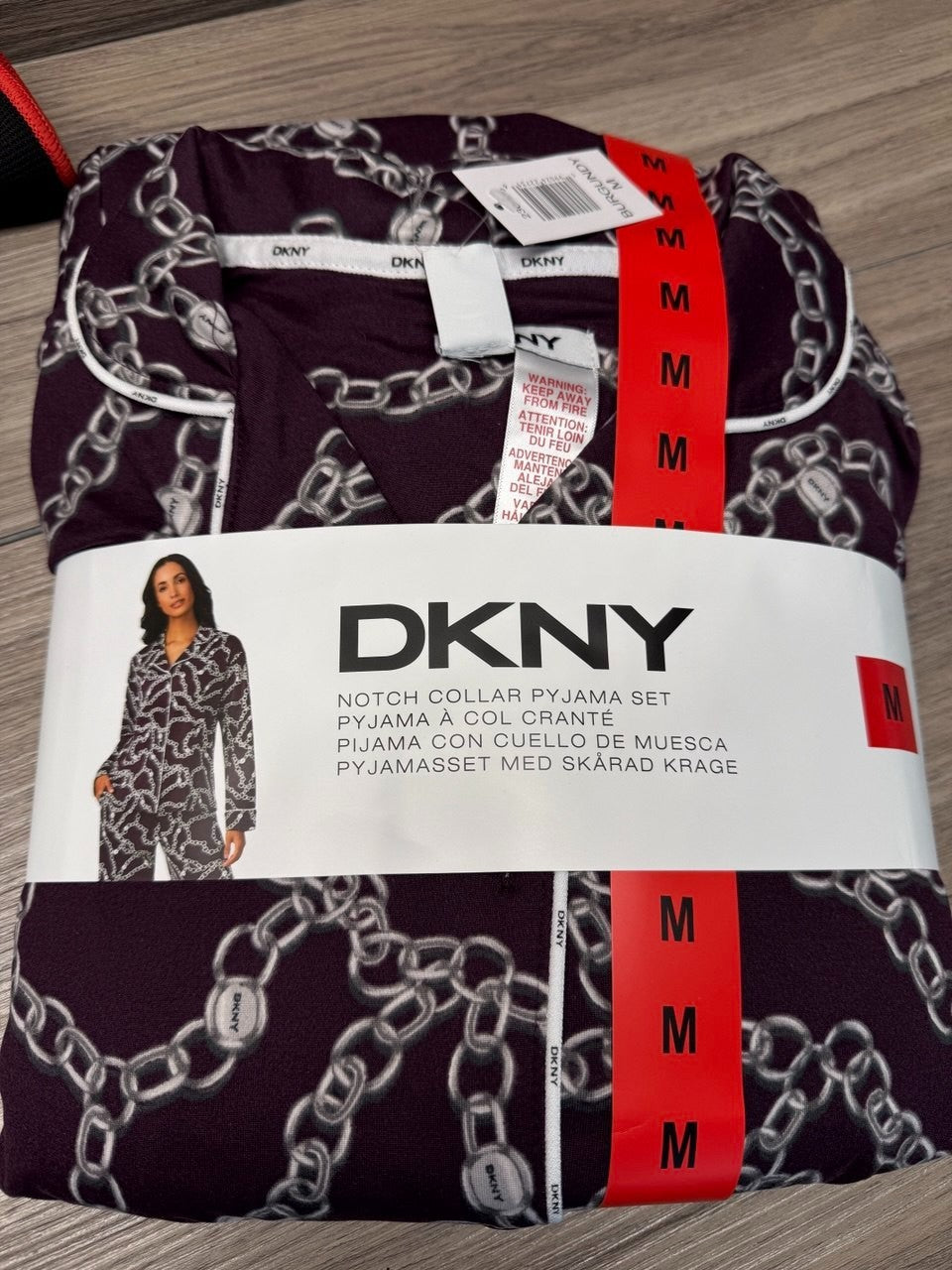DKNY Women's Notch Collar Pyjama Set in Burgundy , Chain link design, Medium