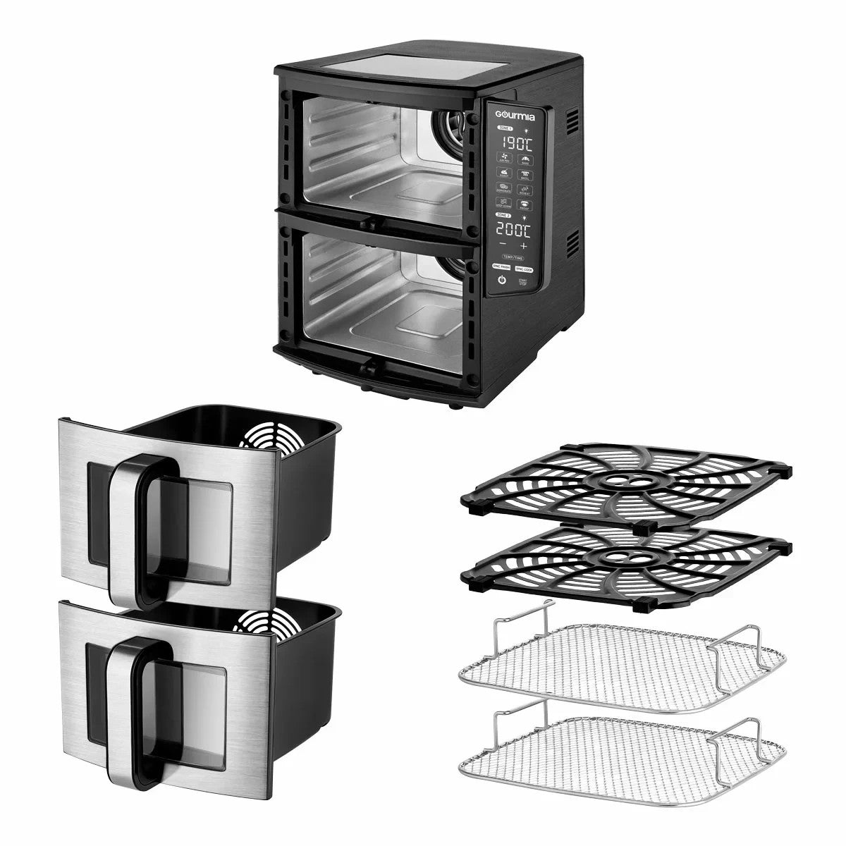 Gourmia GAF1180 Double Decker Air Fryer 10.4L | Dual 5.2L Baskets. Box open