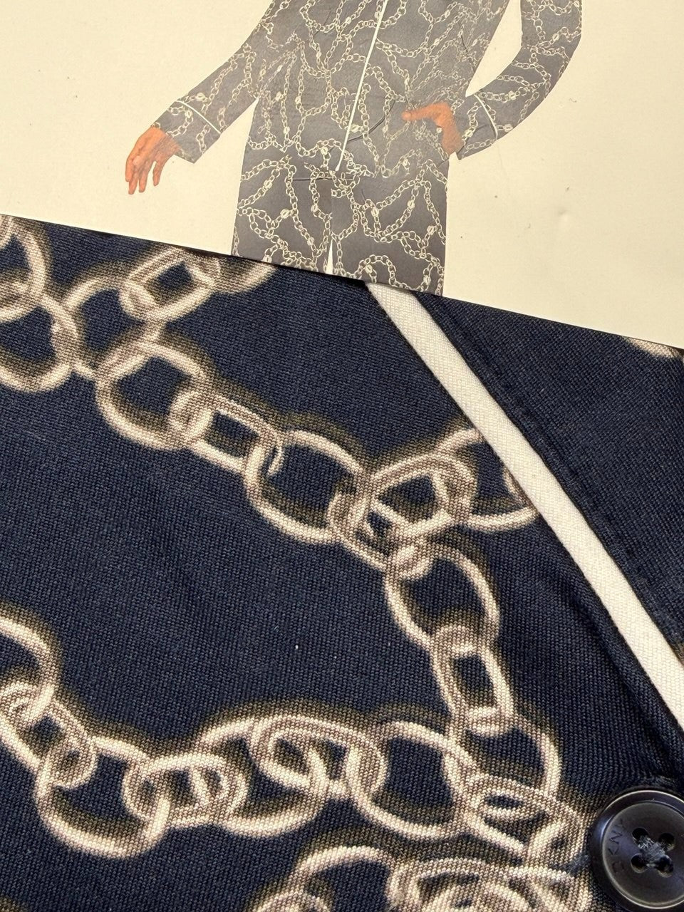 DKNY Women's Notch Collar Pyjama Set in Navy , Chain link design, Large