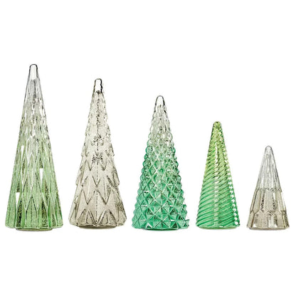 COSTCO Christmas Set of 5 Glass Trees with LED Lights in Green