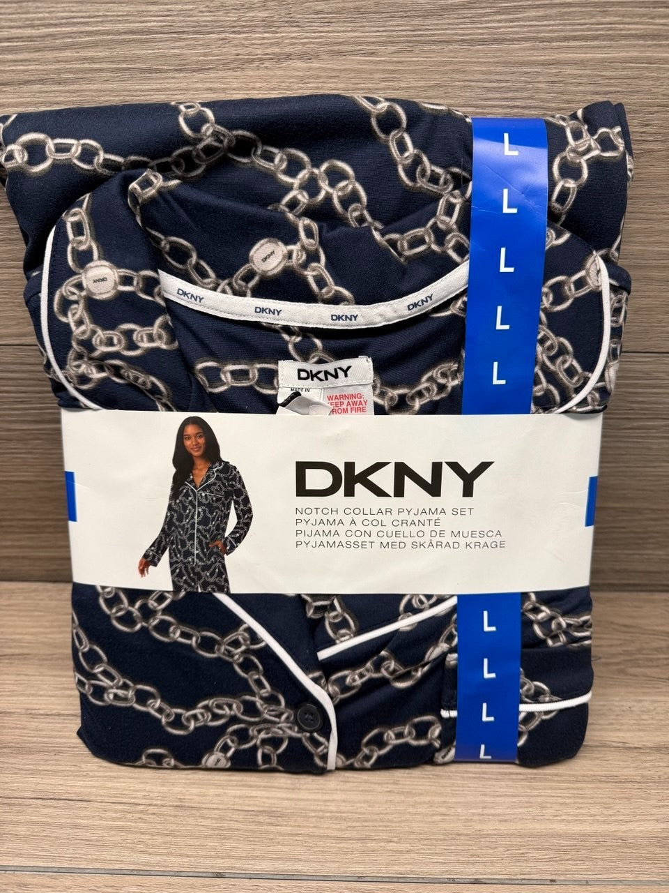 DKNY Women's Notch Collar Pyjama Set in Navy , Chain link design, Large