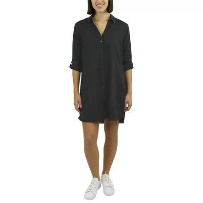 Jachs Ladies Roll Sleeve Linen Blend Dress in Black - Large