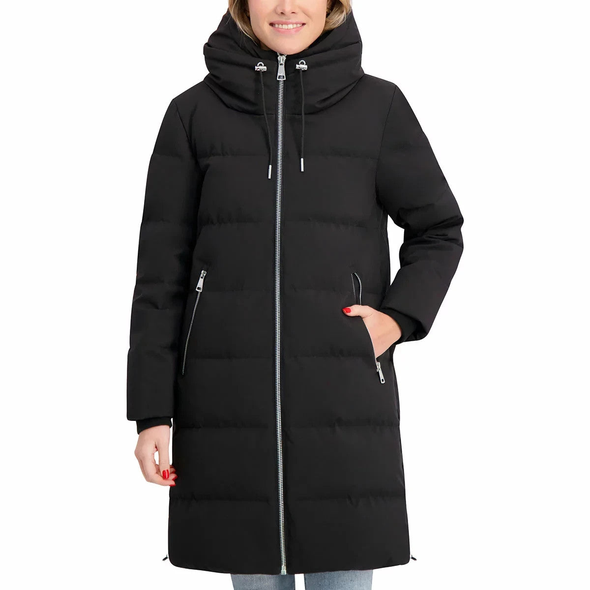 DKNY Ladies Long Down Coat with Hood in Black  Small